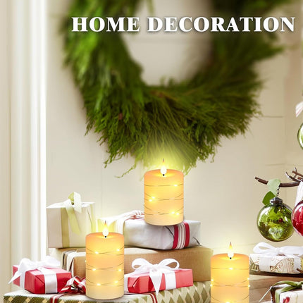 Flameless Candles with String Lights，Battery Operated Candles,Led Flickering Candles with Remote Control and Timer, Real Wax, 3 Pack-Ivory White