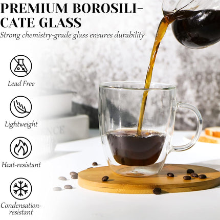 Double Wall Coffee Mug, 12Oz, Insulated Glass Coffee Cups Set of 2 Clear Espresso Cups with Handle, Perfect for Espresso, Cappuccino, Latte, Tea