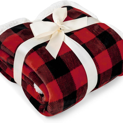 Black and Red Buffalo Plaid Sherpa Throw Blanket for Couch, Plush Red Black Checkered Fleece Blanket and Throws, Soft Fuzzy Flannel Blanket for Sofa Bed, Warm Cozy Winter Blanket Gift, 50X60