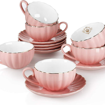 Royal Tea Cups and Saucers, with Gold Trim and Gift Box, British Coffee Cups, Tea Cup Set, Porcelain Tea Set, Cappuccino Cups, Latte Cups, Set of 6 (8 Oz)- Pink