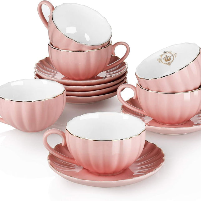 Royal Tea Cups and Saucers, with Gold Trim and Gift Box, British Coffee Cups, Tea Cup Set, Porcelain Tea Set, Cappuccino Cups, Latte Cups, Set of 6 (8 Oz)- Pink