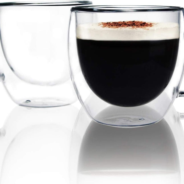 Glass Espresso Cups, Set of 2 6Oz Double Wall Thermo Insulated Shot Cups with Handle, Coffee Mugs for Cappuccino, Great Gift for Coffee Lovers
