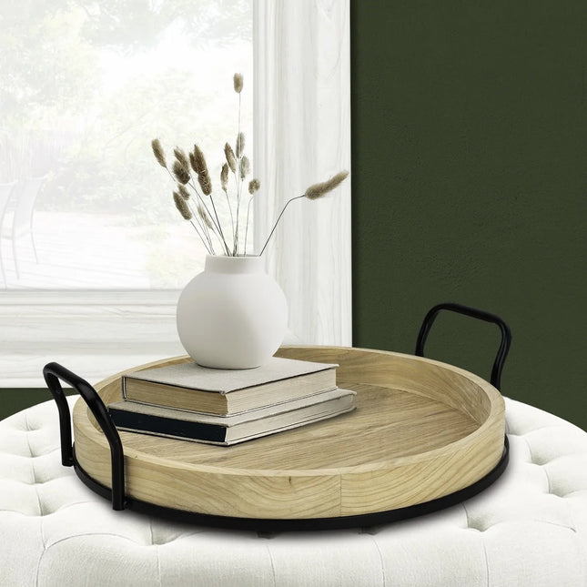 17-Inch round Light Wood and Metal Tray