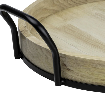 17-Inch round Light Wood and Metal Tray