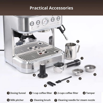 15Bar Espresso Coffee Machine, Cappuccino and Latte, Stainless Steel