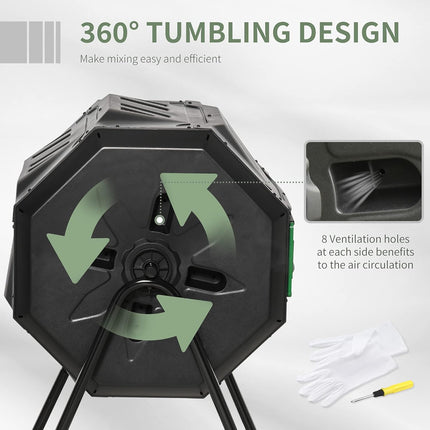 Tumbling Compost Bin Outdoor 360° Dual Chamber Rotating Composter 43 Gallon, Green