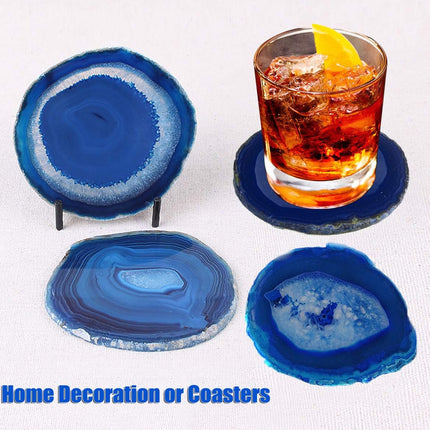 Natural Stone Coasters Set of 4 Blue Agate Crystal Coasters 3-3.5" for Drinks Slice Coaster Cup Mat Beverage Mother Gift
