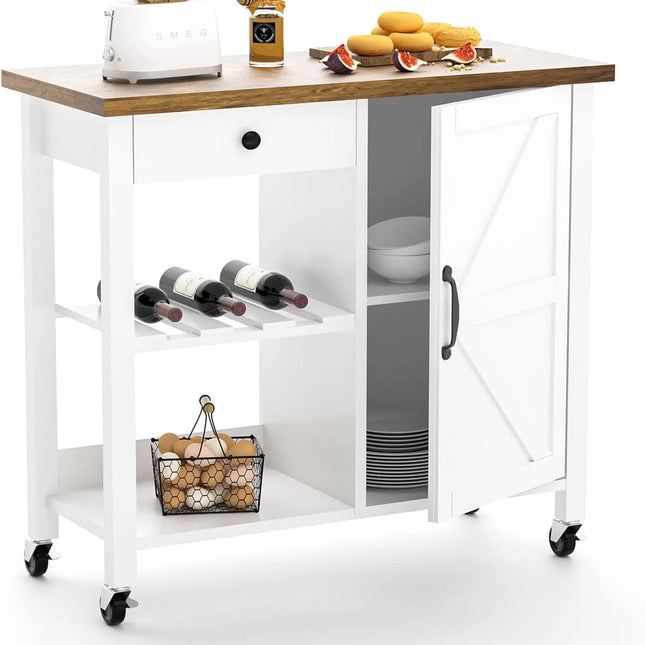 Farmhouse Kitchen Island Cart on Wheels, Rolling Kitchen Cart with Storage, Microwave Stand Coffee Cart, White