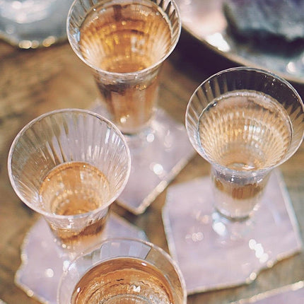 Rose Quartz Decor Coaster, Natural Pink Crystal Coasters Gold Edge Set of 4 (Square 3.5''-4)