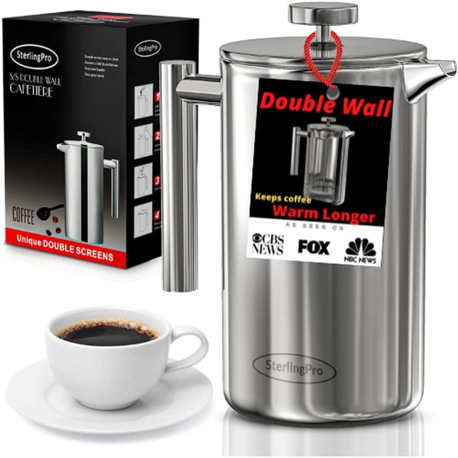 French Press Coffee Maker (1.5L)-Double Walled Large Coffee Press with 2 Free Filters-Enjoy Granule-Free Coffee Guaranteed, Stylish Rust Free Kitchen Accessory-Stainless Steel French Press