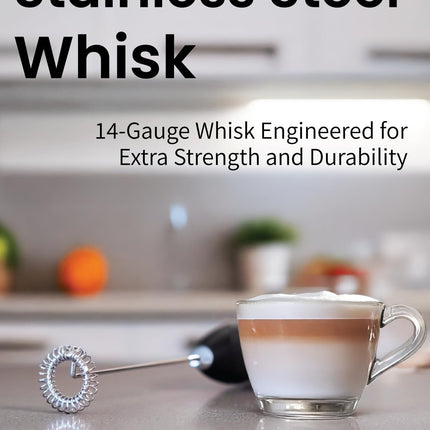 Milk Frother Wand & Drink Mixer - Powerful Coffee Frother Handheld Coffee Mixer Wand with Stand - Milk Foamer to Make Perfect Cappuccino Lattes & Hot Chocolate at Home (Black)