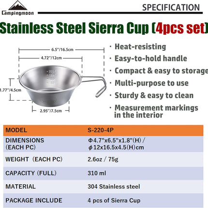 CAMPINGMOON 2Pcs/4Pcs Set Stainless Steel Camping Sierra Cup 310Ml (4Pcs Set)