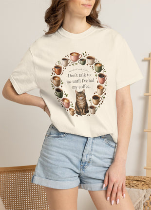 Woodin Creek Coffee Coffee Cat T-Shirt — "Don’t talk to me until I’ve had my coffee" Graphic Tee