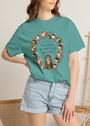 Woodin Creek Coffee Coffee Cat T-Shirt — "Don’t talk to me until I’ve had my coffee" Graphic Tee