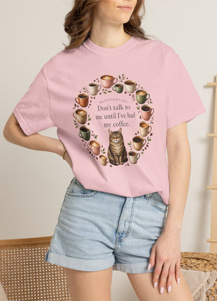 Woodin Creek Coffee Coffee Cat T-Shirt — "Don’t talk to me until I’ve had my coffee" Graphic Tee