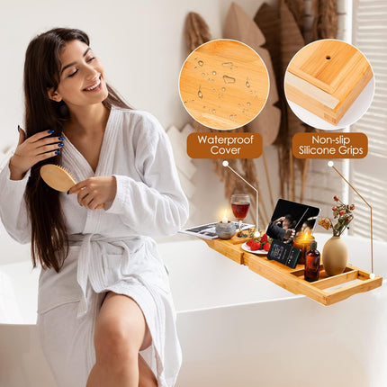 Foldable Bathtub Caddy Tray, Bamboo Bath Tub Tray Table for Tub with Wine Glass Holder Book Phone Tablet Holder with Extending Sides, Adjustable Bathroom Bathtub Free Soap Holder Gift Idea (Beige)