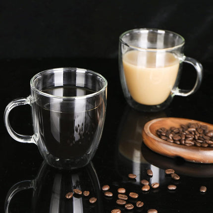 Double Wall Coffee Mug, 12Oz, Insulated Glass Coffee Cups Set of 2 Clear Espresso Cups with Handle, Perfect for Espresso, Cappuccino, Latte, Tea