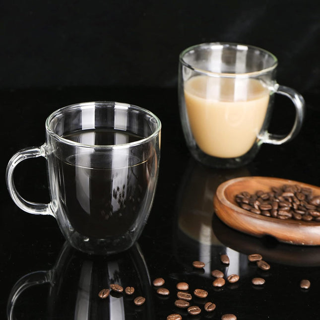 Double Wall Coffee Mug, 12Oz, Insulated Glass Coffee Cups Set of 2 Clear Espresso Cups with Handle, Perfect for Espresso, Cappuccino, Latte, Tea