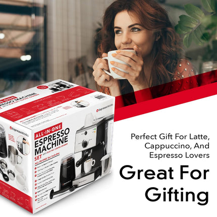 All-In-One Espresso Machine with Milk Frother 7-Piece Set - Latte Maker Includes Grinder, Frothing Pitcher, Cups, Spoon and Tamper - Coffee Gifts (Stainless Steel)