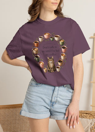 Woodin Creek Coffee Coffee Cat T-Shirt — "Don’t talk to me until I’ve had my coffee" Graphic Tee