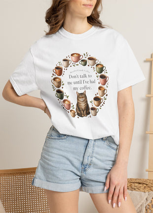 Woodin Creek Coffee Coffee Cat T-Shirt — "Don’t talk to me until I’ve had my coffee" Graphic Tee