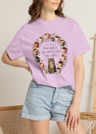 Woodin Creek Coffee Coffee Cat T-Shirt — "Don’t talk to me until I’ve had my coffee" Graphic Tee
