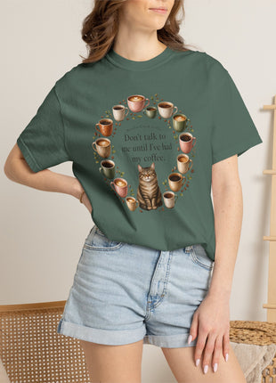 Woodin Creek Coffee Coffee Cat T-Shirt — "Don’t talk to me until I’ve had my coffee" Graphic Tee
