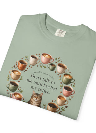 Woodin Creek Coffee Coffee Cat T-Shirt — "Don’t talk to me until I’ve had my coffee" Graphic Tee