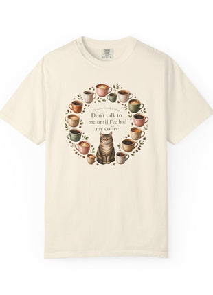 Woodin Creek Coffee Coffee Cat T-Shirt — "Don’t talk to me until I’ve had my coffee" Graphic Tee
