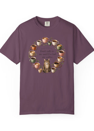 Woodin Creek Coffee Coffee Cat T-Shirt — "Don’t talk to me until I’ve had my coffee" Graphic Tee