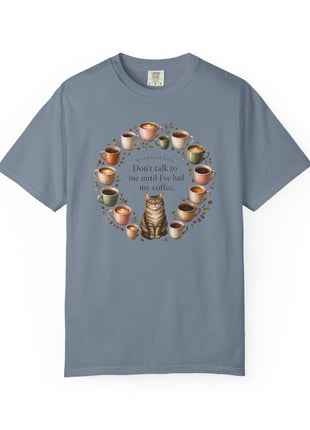 Woodin Creek Coffee Coffee Cat T-Shirt — "Don’t talk to me until I’ve had my coffee" Graphic Tee