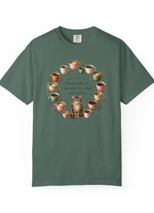 Woodin Creek Coffee Coffee Cat T-Shirt — "Don’t talk to me until I’ve had my coffee" Graphic Tee