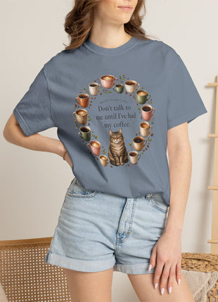 Woodin Creek Coffee Coffee Cat T-Shirt — "Don’t talk to me until I’ve had my coffee" Graphic Tee