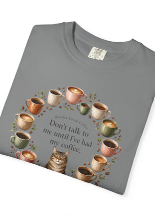Woodin Creek Coffee Coffee Cat T-Shirt — "Don’t talk to me until I’ve had my coffee" Graphic Tee