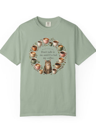Woodin Creek Coffee Coffee Cat T-Shirt — "Don’t talk to me until I’ve had my coffee" Graphic Tee