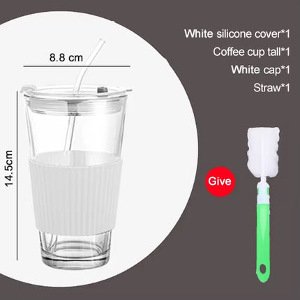 450Ml with Straw Glass Coffee Cup Thick Glass Mug Milk Juice Cup Transparent Bubble Tea Cup Juice Mocha Cups Breakfast Mug