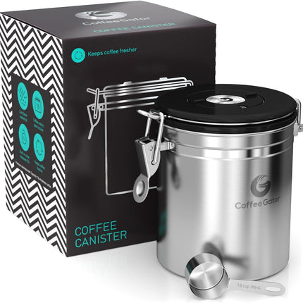 Coffee Canister, Stainless Steel Airtight Coffee Containers for Ground Coffee with Date-Tracker, Co2-Release Valve, Measuring Scoop & Travel Jar - Medium, 16 Oz, Silver
