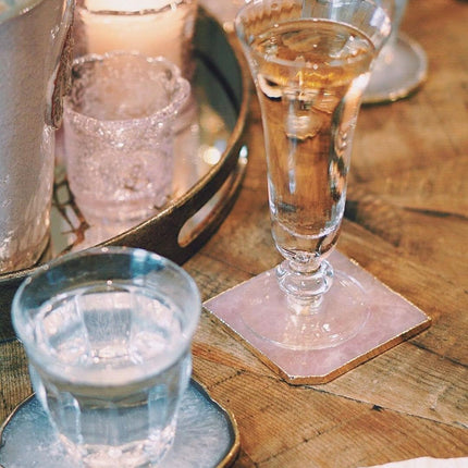Rose Quartz Decor Coaster, Natural Pink Crystal Coasters Gold Edge Set of 4 (Square 3.5''-4)