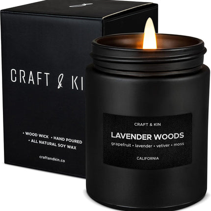 Premium Lavender Woods Candle | Black Scented Candles for Men | Long Lasting with 45 Hour Burn Time, 7.6Oz | Made with Soy | Aromatherapy at Home | Gifts for Men