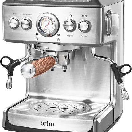 19 Bar Espresso Machine, Fast Heating Cappuccino, Americano, Latte and Espresso Maker, Milk Steamer and Frother, Removable Parts for Easy Cleaning, Stainless Steel with Wood Accents
