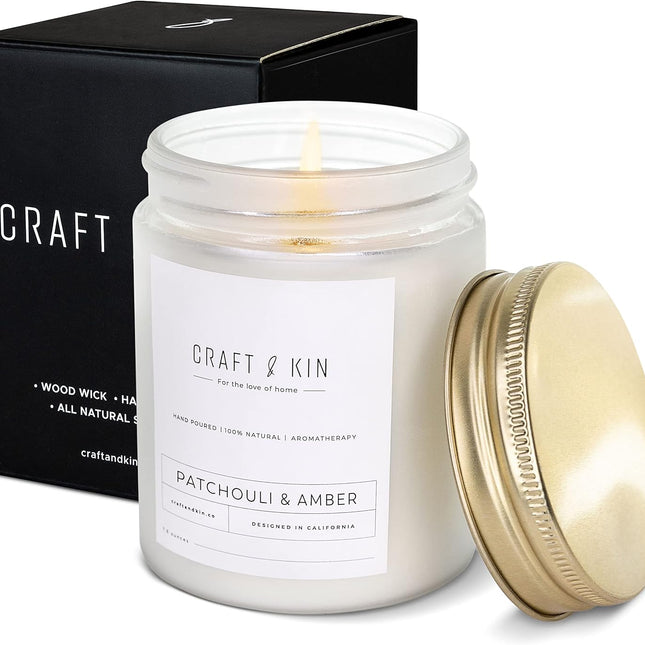 Patchouli & Amber Scented Candle | 8 Oz 45 Hour Long Lasting | Classic Soy Candles Wood Wick | Made with Natural Soy | Gifts for Men and Women