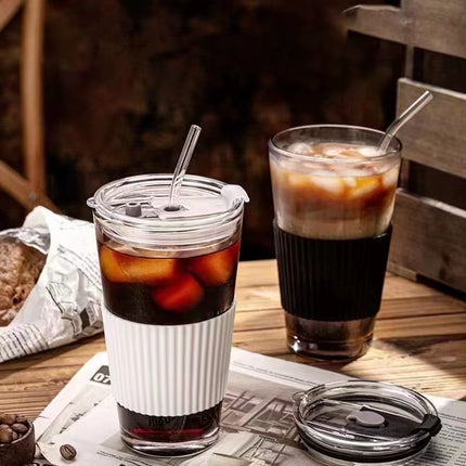 450Ml with Straw Glass Coffee Cup Thick Glass Mug Milk Juice Cup Transparent Bubble Tea Cup Juice Mocha Cups Breakfast Mug