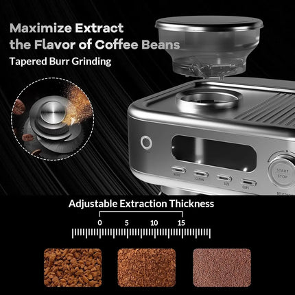 Professional Espresso Machine with Integrated Grinder, LCD Display, and Advanced Milk Frother for Single and Double Serve Coffee