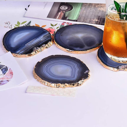 Natural Stone Coasters Set of 4 Blue Agate Crystal Coasters 3-3.5" for Drinks Slice Coaster Cup Mat Beverage Mother Gift