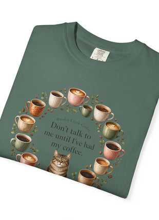 Woodin Creek Coffee Coffee Cat T-Shirt — "Don’t talk to me until I’ve had my coffee" Graphic Tee