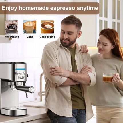 Espresso Machine Steel Silver, 20 Bar Coffee Espresso Maker with Milk Frother Steam Wand, 1L Water Reservoir, New