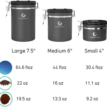 Coffee Canister, Stainless Steel Airtight Coffee Containers for Ground Coffee with Date-Tracker, Co2-Release Valve, Measuring Scoop & Travel Jar - Medium, 16 Oz, Silver