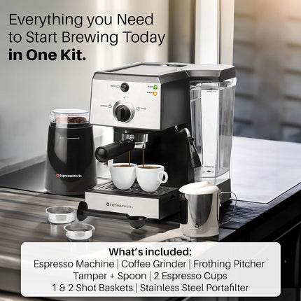All-In-One Espresso Machine with Milk Frother 7-Piece Set - Latte Maker Includes Grinder, Frothing Pitcher, Cups, Spoon and Tamper - Coffee Gifts (Stainless Steel)