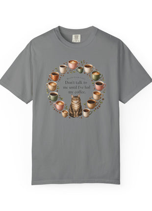 Woodin Creek Coffee Coffee Cat T-Shirt — "Don’t talk to me until I’ve had my coffee" Graphic Tee