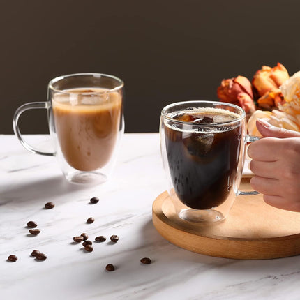12 Oz Double Walled Glass Coffee Mugs with Handle, Insulated Layer Coffee Cups, Clear Borosilicate Glass Mugs - Gift for Cappuccino,Tea,Latte,Espresso,Hot Beverage,Cold Drinks, Set of 2